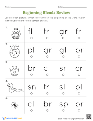 Beginning Blends Review Worksheet