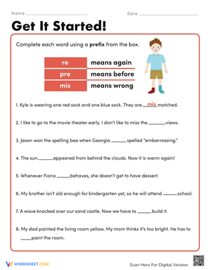  Prefixes: Re, Pre, and Mis - Interactive Worksheet