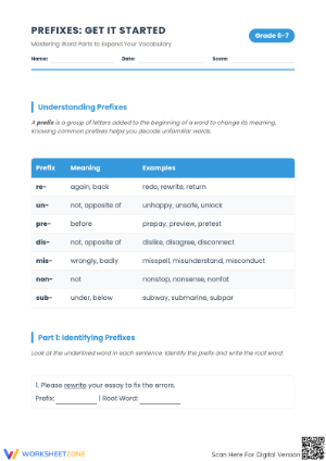 Printable Prefixes Practice Worksheet | Grade 6-7 ELA