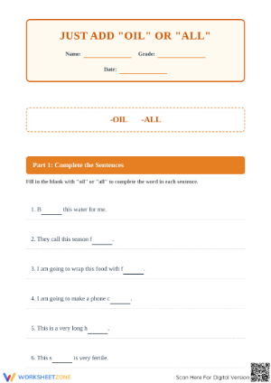 Printable -oil and -all Word Patterns Worksheet | Grade 3