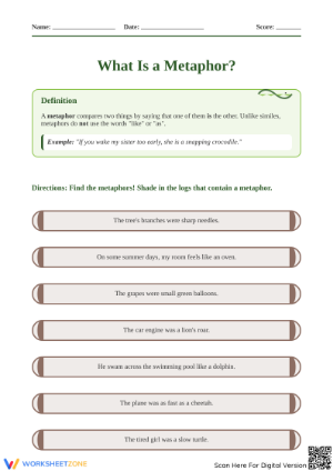 Metaphor Identification Printable Worksheet | Grade 4 ELA
