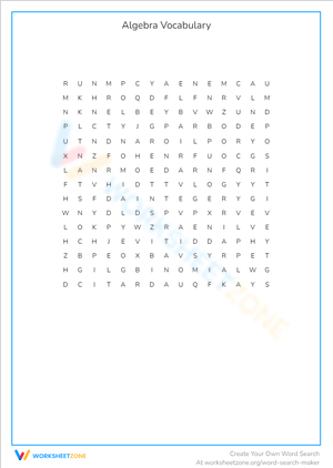Algebra Vocabulary Word Search Puzzle