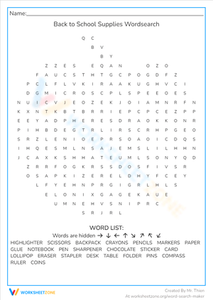 Back to School Supplies Word Search Puzzle