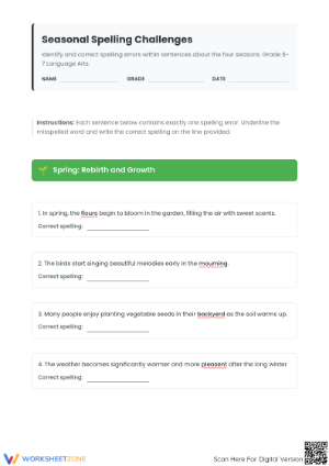 Correct Spelling Errors Worksheet | Grade 6 Essential