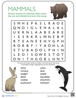 Mammals Word Search Puzzle - Animal Learning Fun for Kids!