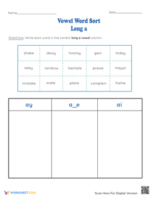 Long A Vowel Word Sort Worksheet