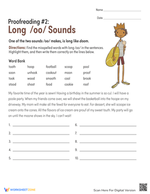 Long OO Sound Proofreading Practice Sheet