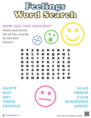Feelings Word Search Puzzle - Learn Emotions Vocabulary (Grades 1-3)