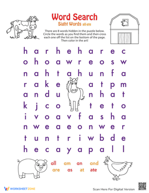 Farm Animals Sight Words - Word Search & Coloring Fun!