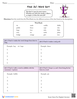 Final Silent E Word Sort
