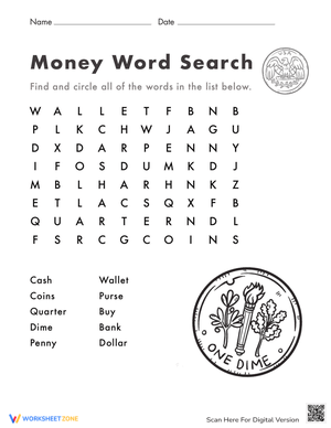 Money Word Search Puzzle - Learn About Coins & Currency!