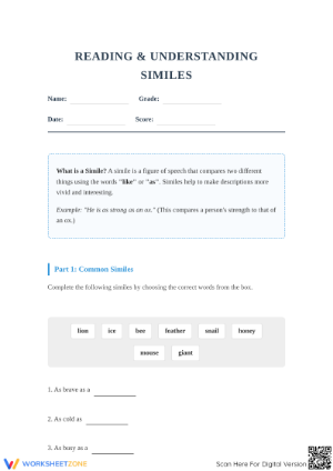 Essential Similes Worksheet | Grade 5 Reading & Grammar