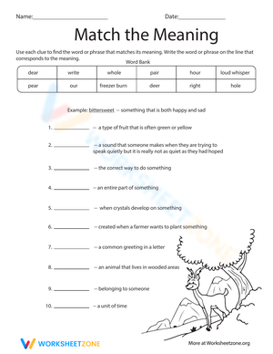 Match the Meaning Vocabulary Worksheet