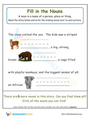 Noun Practice: Zoo Theme Worksheet