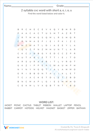 2 syllable cvc word with short a, e, i, o, u