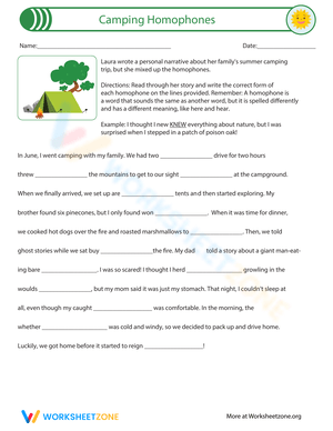Camping Homophones Worksheet