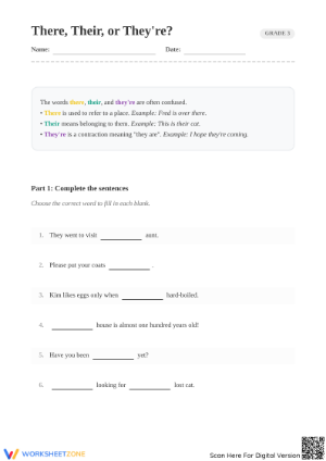 Essential There, Their, They're? Grade 3 Grammar Worksheet