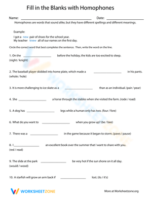 Fill in the Blank with Homophones Worksheet