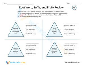 Root Word, Suffix, and Prefix Review Worksheet