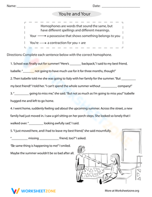 'You're' and 'Your' Grammar Worksheet