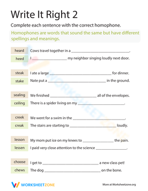 Homophones: Write, Right - 3rd Grade Worksheet