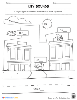 City Sounds Word Completion Worksheet