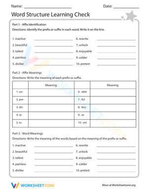 Word Structure Learning Check Worksheet