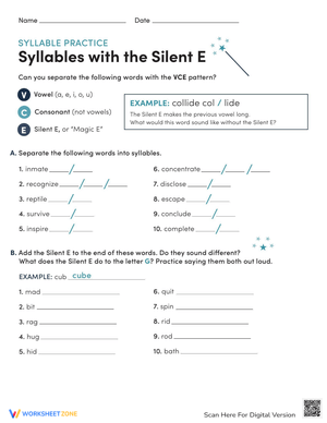 Syllable Practice: Syllables with the Silent E