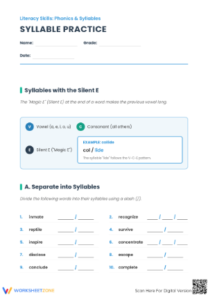Printable Silent E Syllables Worksheet | Grade 3-4 ELA