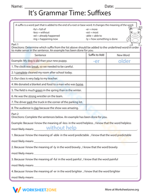 It's Grammar Time: Suffixes Worksheet