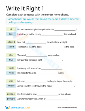 Homophones Practice: Write, Right Worksheet for Third Grade