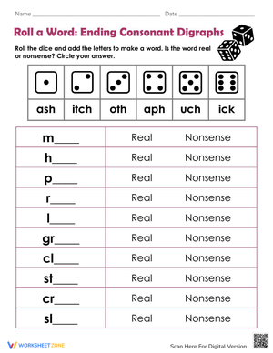 Roll a Word: Ending Consonant Digraphs