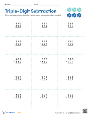 Triple Digit Subtraction Practice