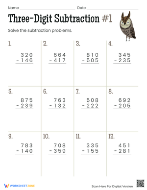 3-Digit Subtraction Practice Worksheet