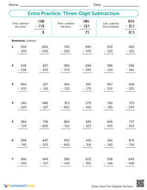 Practice Three-Digit Subtraction Worksheet