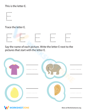 Letter E Beginning Sounds and Tracing Practice 
