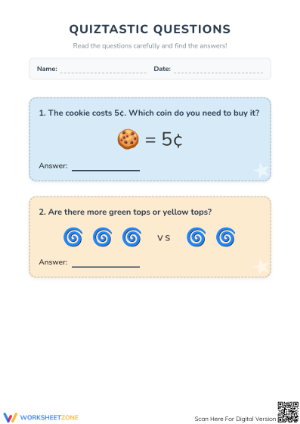 Kindergarten Quiz Cards — Printable No-Prep Worksheet