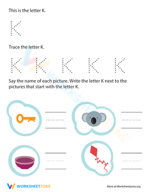 Letter K Beginning Sounds and Tracing Practice 