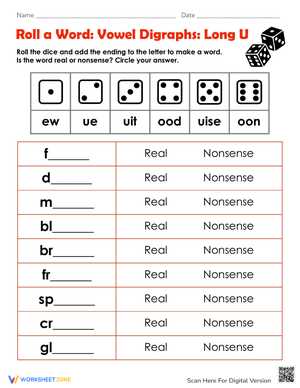 Vowel Digraphs: Roll a Word Long U