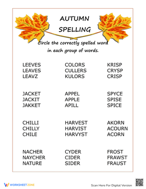 Autumn Spelling Worksheet