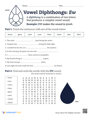 Learning Diphthongs 'ew' Worksheet