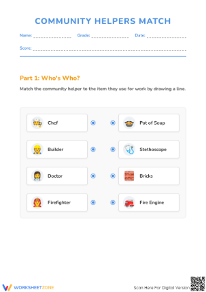 Printable Community Helpers Matching Worksheet | Grade 1-2