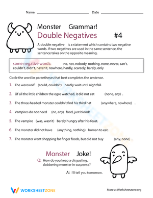 Understanding Double Negatives Worksheet