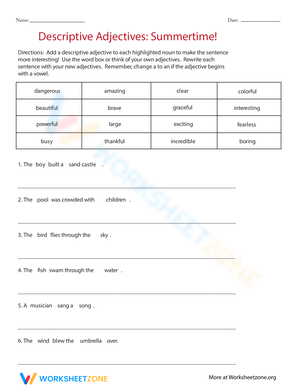 Descriptive Adjectives for Summertime Worksheet