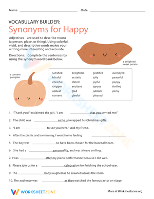 Synonyms for Happy Worksheet