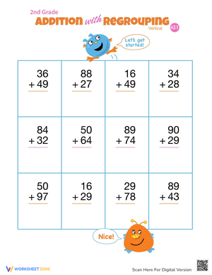 Two-Digit Vertical Addition With Regrouping Practice
