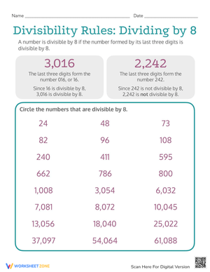 Divisibility Rules: Dividing by 8 Worksheet
