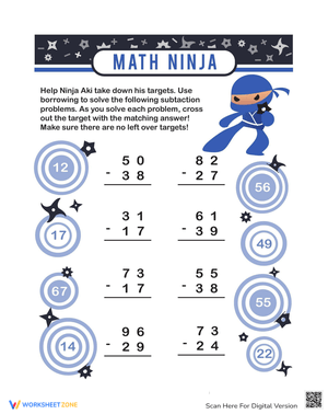 Ninja Math: Addition with Borrowing Skills