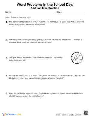School Day Themed Word Problems Worksheet