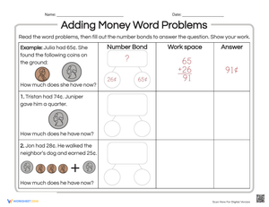 Adding Money Word Problems Worksheet
